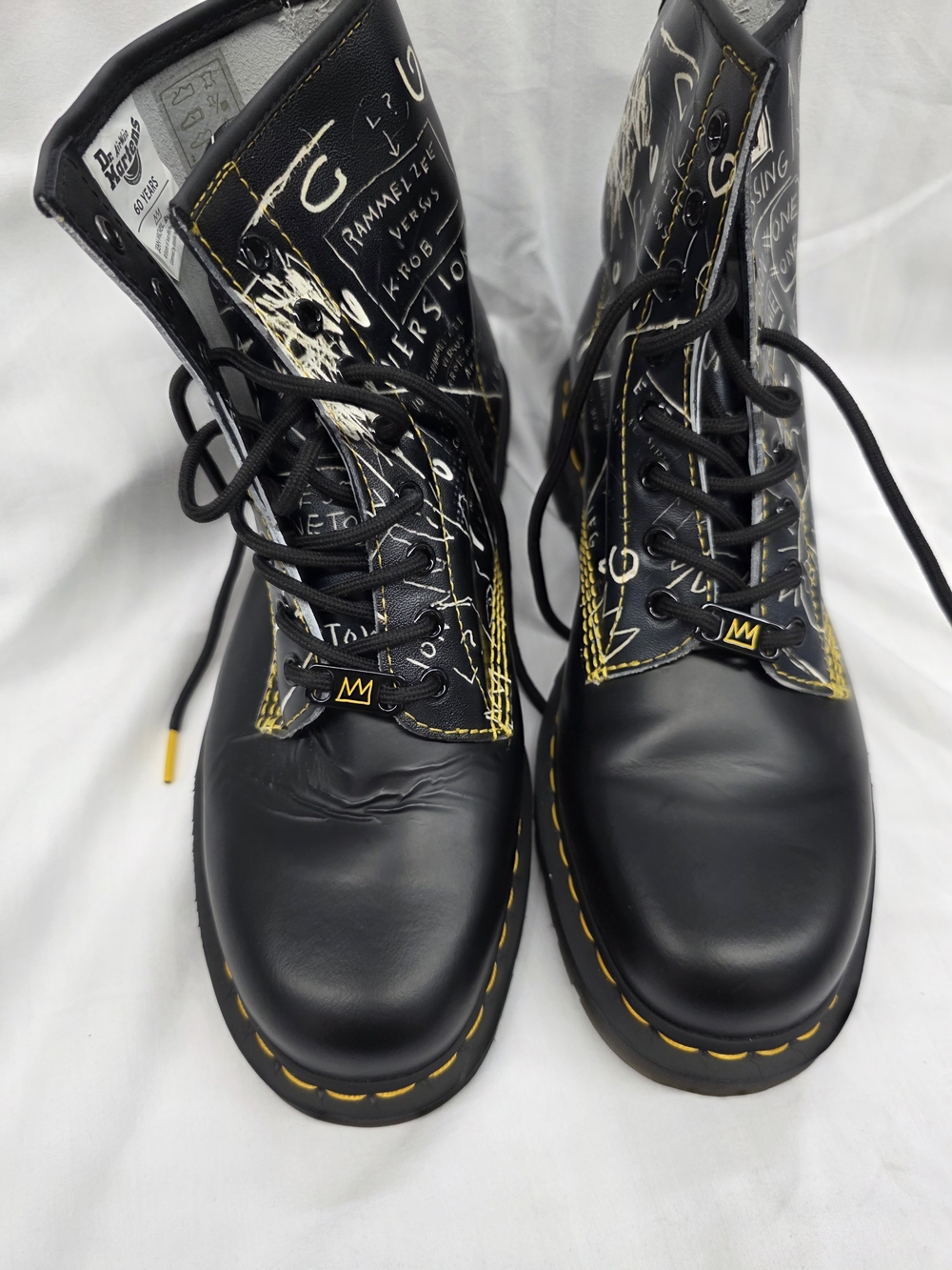 Dr. Martens Black Graffiti Lace-Up Boots with Yellow Stitching - Picture 2 of 8